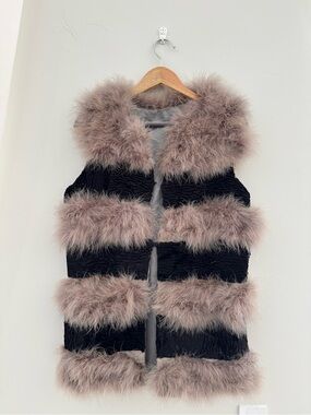 Black Quilted Vest with Ostrich Feathered Trim